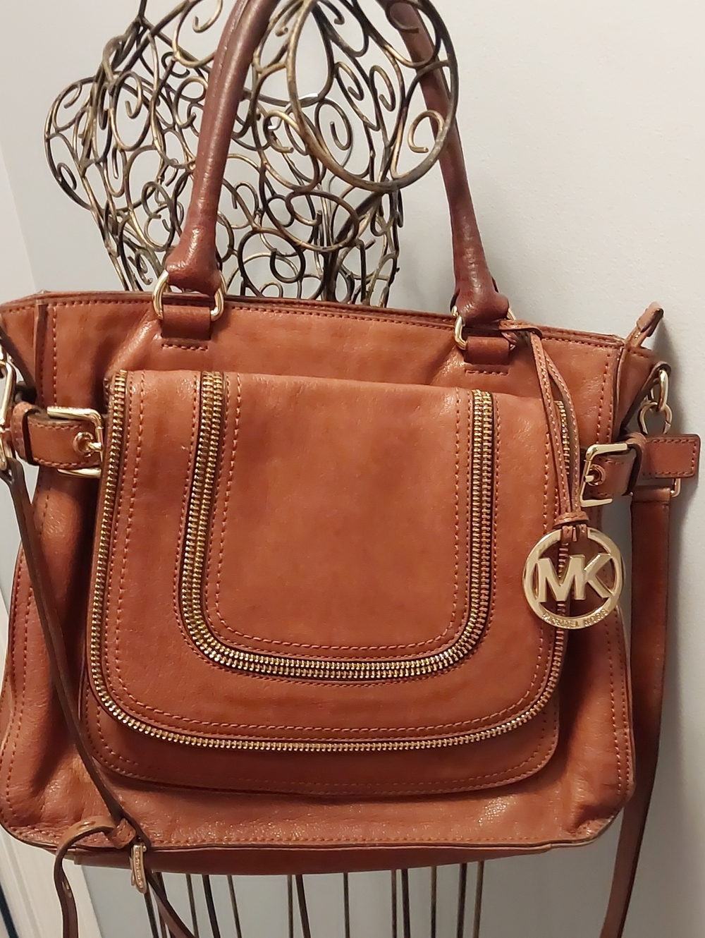 Michael Kors Tan Leather Shoulder Satchel with Gold MK Charm
